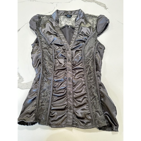 Rue21 Tops - Gray Satin Lace Ruched Button Up Blouse Cap Sleeve Goth Steampunk S